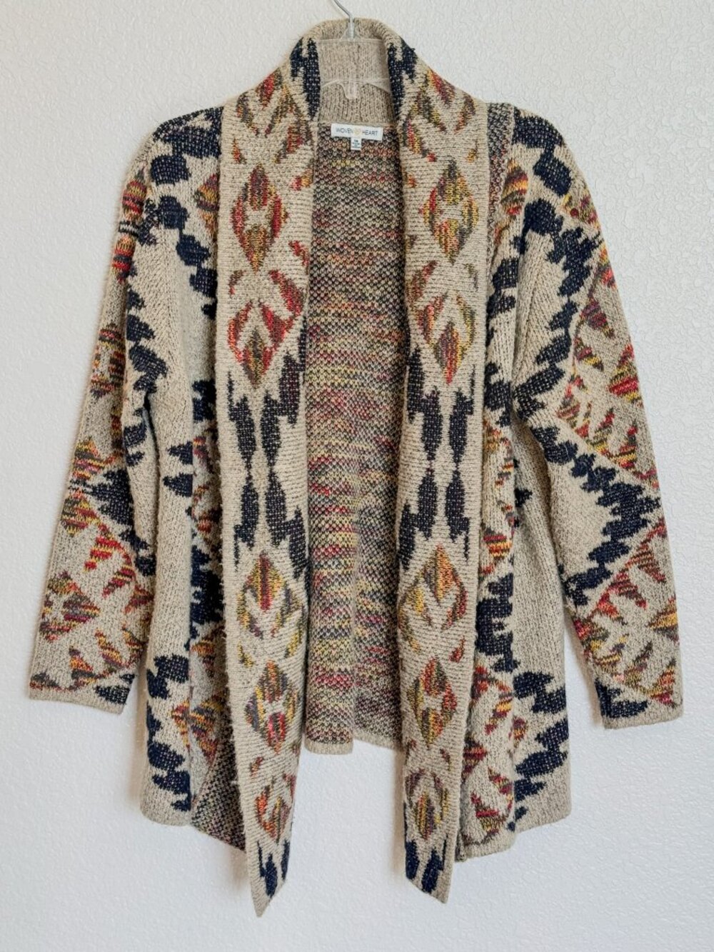 Woven Heart Beige Multicolor Aztec Geometric Knit Open Front Cardigan Sweater 1X